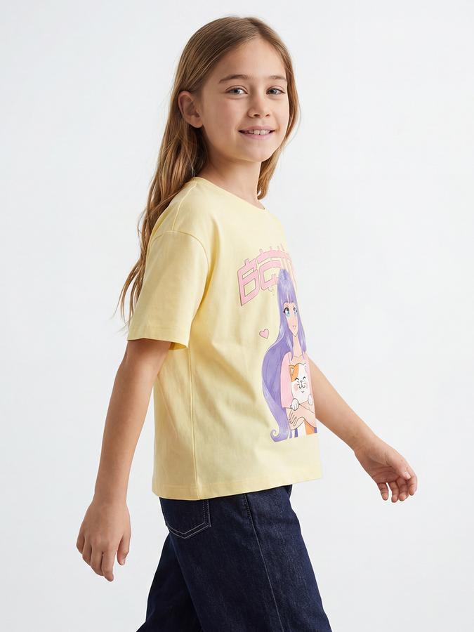 R&B Girls Yellow Regular Fit Kawaii Print Short Sleeve T-shirt