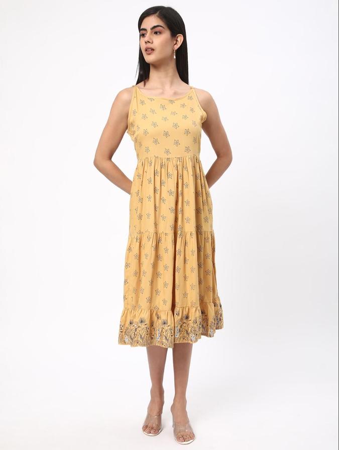 R&B Mustard Floral Printed Women Sleeveless Dress