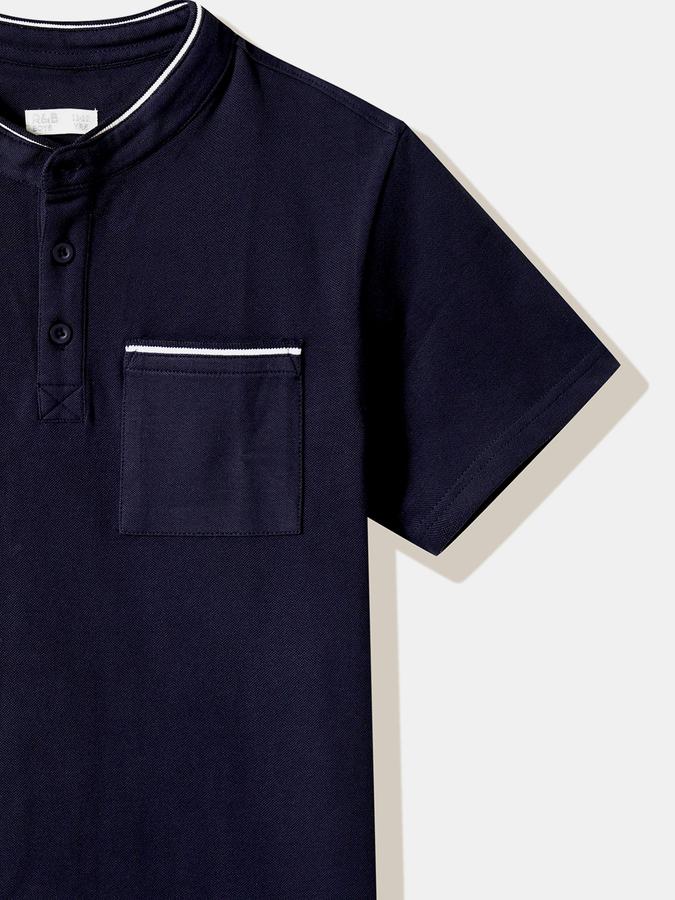 Boys Cotton Regular Fit Mandarin Collar Solid T-shirt