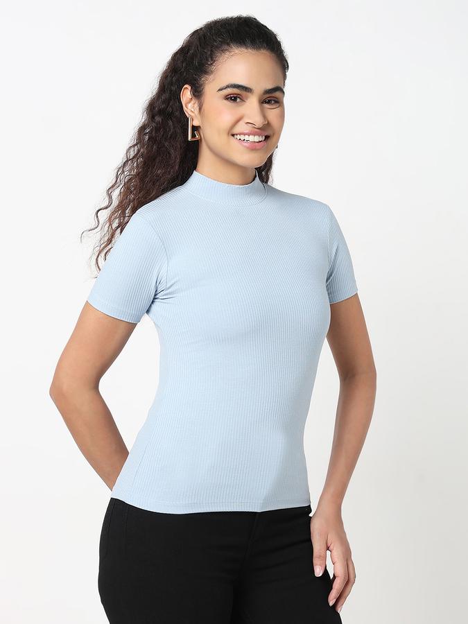 Women Viscose Slim Fit High Neck Ribbed Top