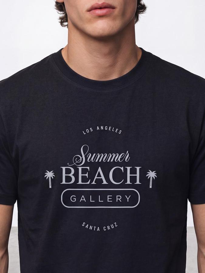 R&B Men Navy Short Sleeve Round Neck Typography Print T-Shirt