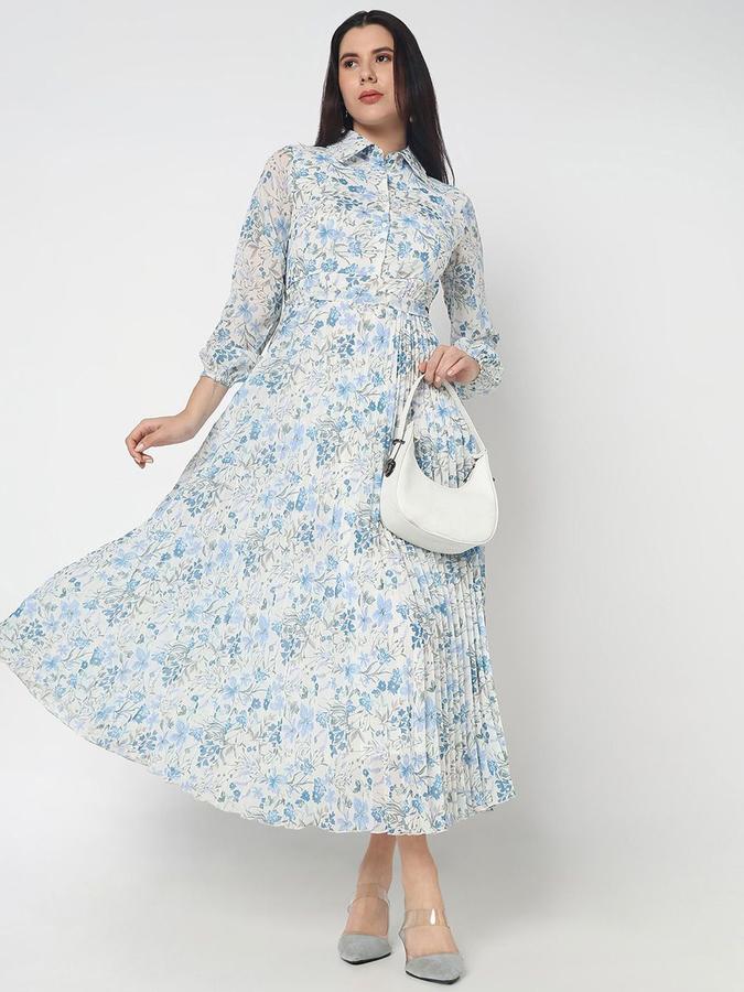 R&B Women Blue Floral Long Sleeves Shirt Collar Maxi Fit &amp; Flare Dress