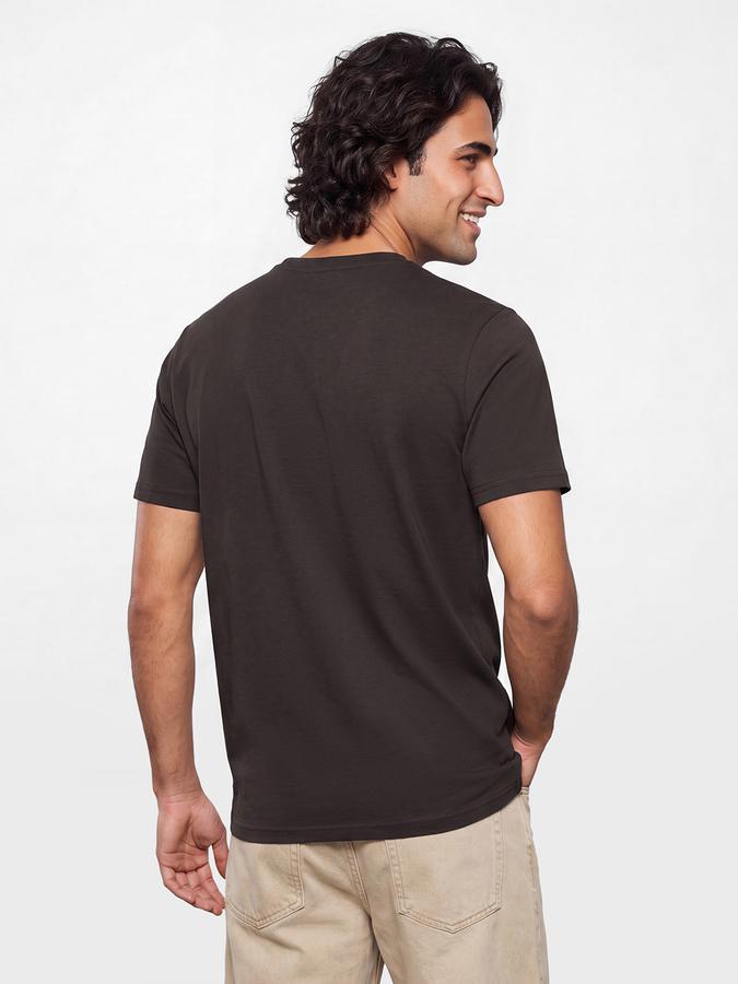 R&B Men Coffee Brown Typographic Print Short Sleeves Pure Cotton Tshirt