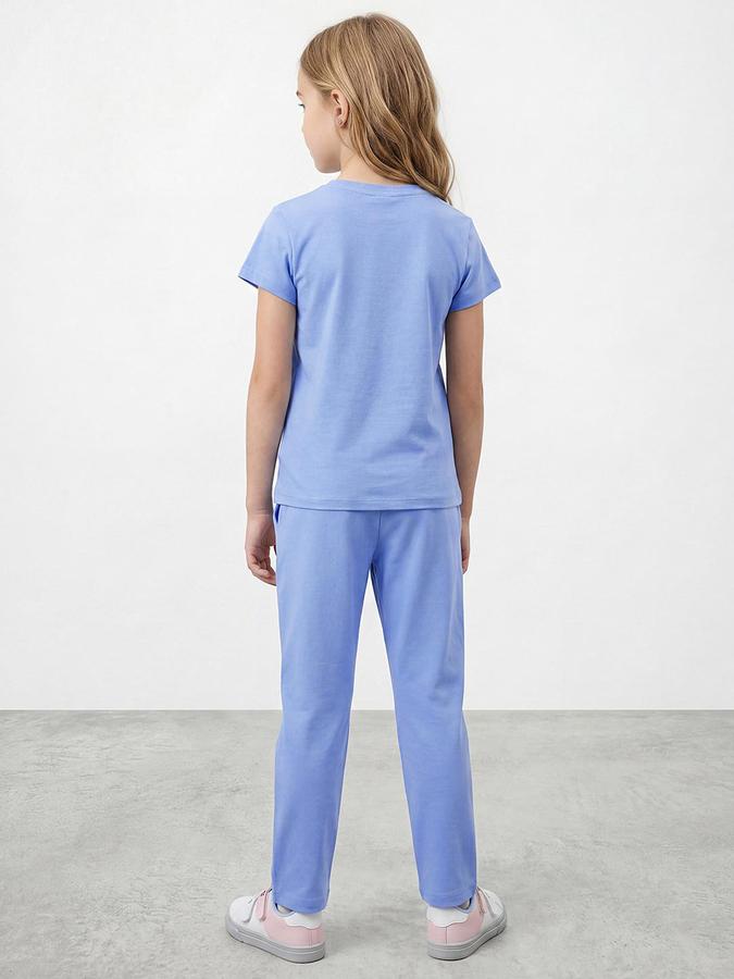 R&B Girls Blue Stitch Print Round Neck Short Sleeves Pure Cotton T-Shirt & Pyjama Set