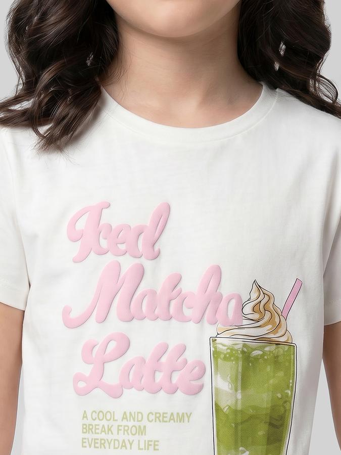 R&B White Graphic Print Girls Round Neck Regular Fit Short Sleeves T-Shirt 