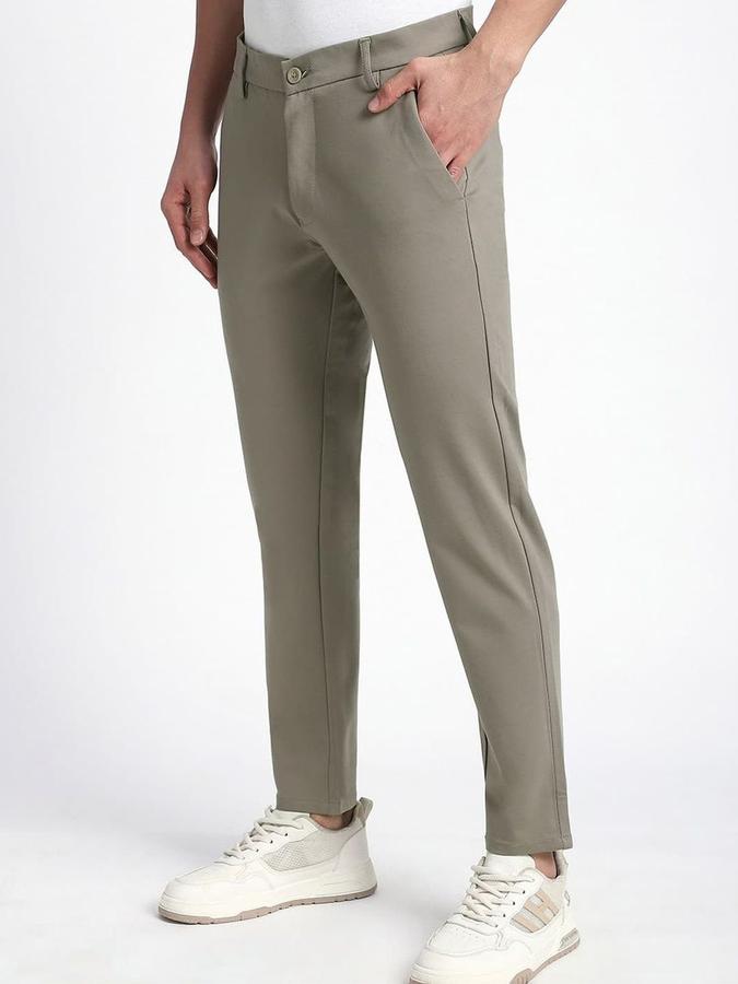 R&B Men Olive Solid Regular Fit Trousers
