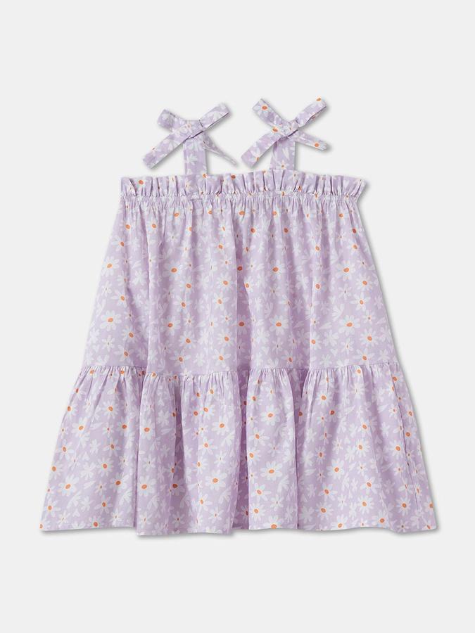 R&B Girls Purple Floral Sleeveless Square Neck Midi A-Line Dress