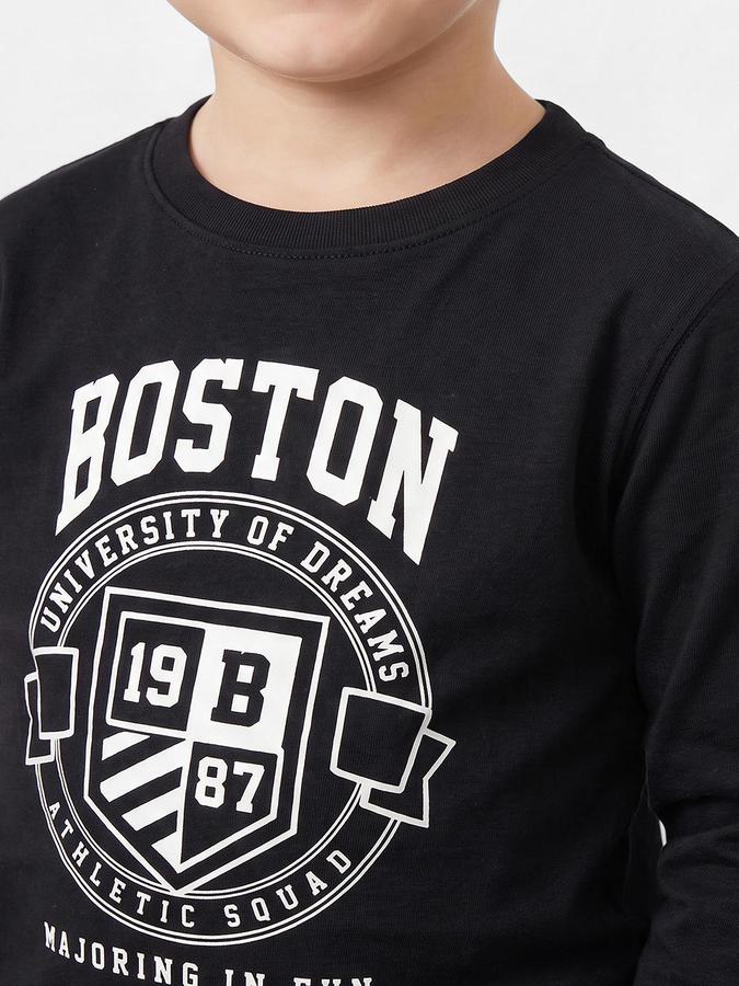 R&B Boys Black Long Sleeves Round Neck Varsity Club Collegiate Graphics Back print Pure Cotton T-Shirt