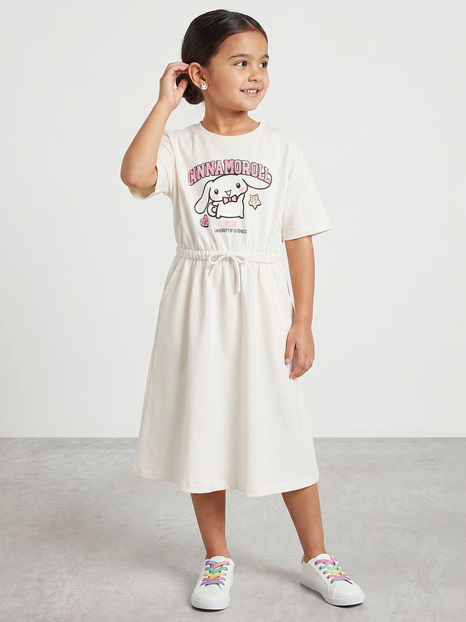 R&B Girl Beige Cinnamoroll Print Pure Cotton Short Sleeves Fit and Flare Dress