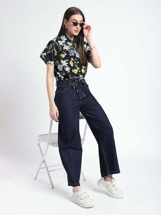 R&B Women Black Floral Print Short-Sleeve Shirt