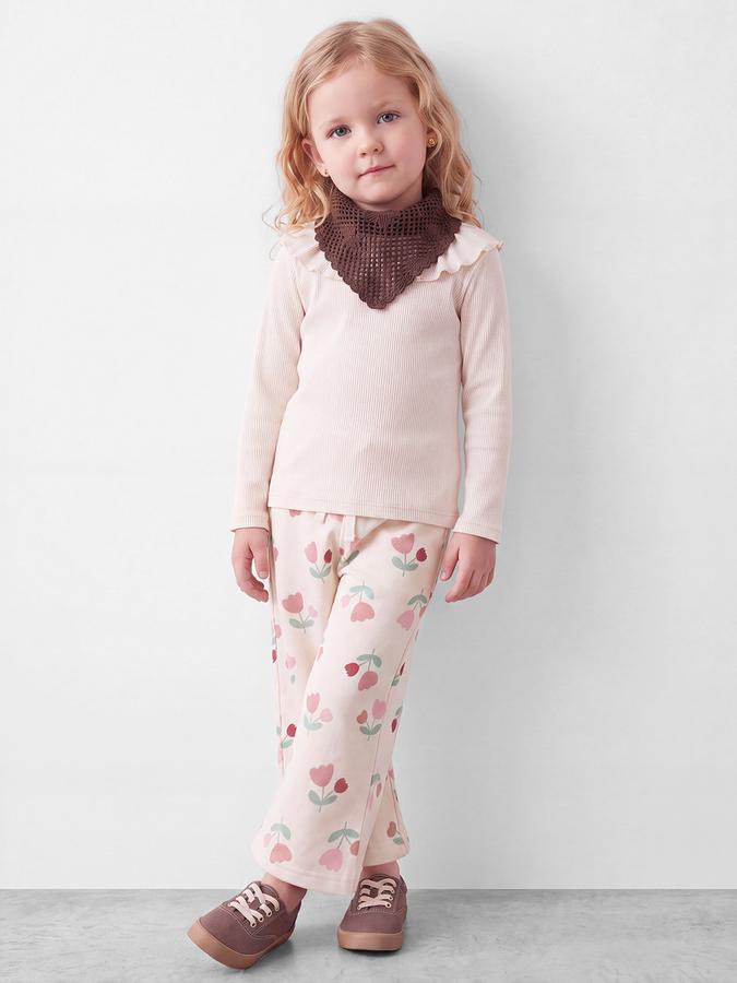 R&B Girls Beige Floral Print Flared Pant With Drawstring Closure