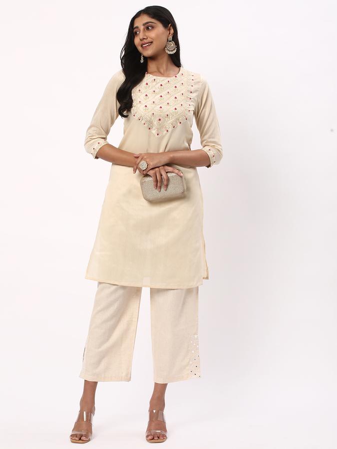 Women Poly Blend Regular Fit Round Neck Embroidered Kurta