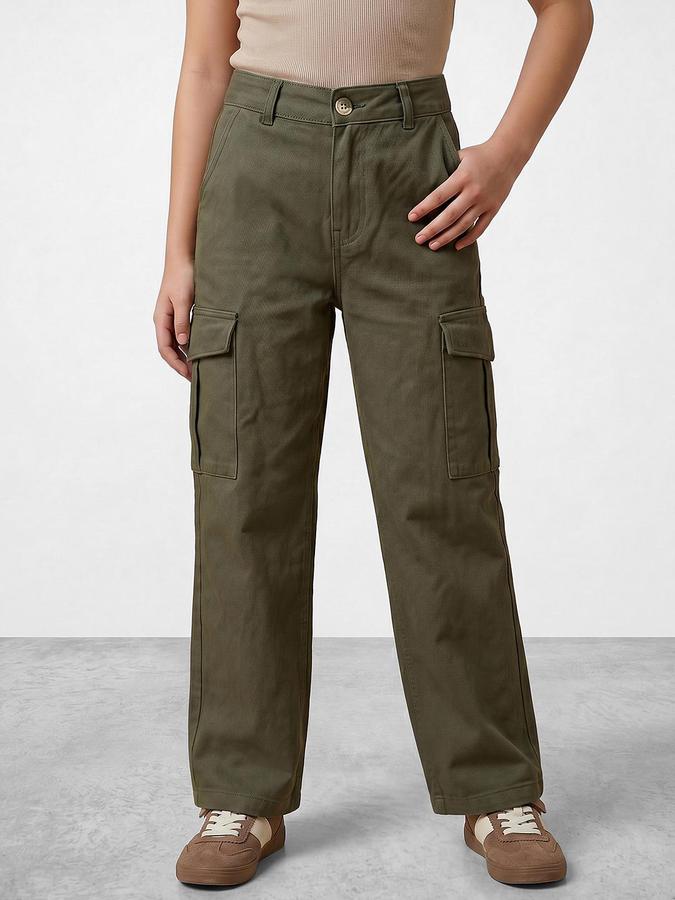 R&B Girl's Olive Regular Fit Cargos Trousers