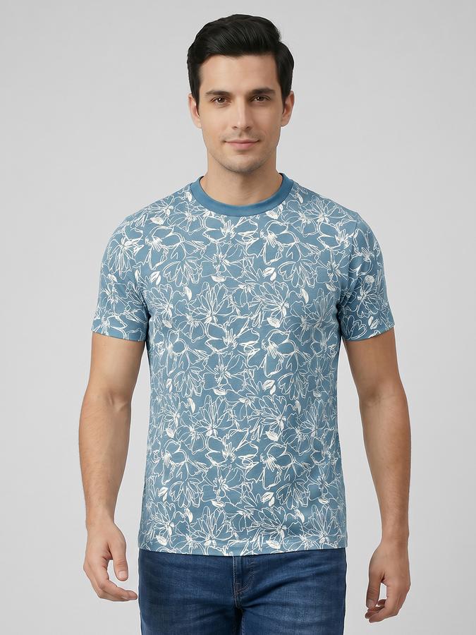 R&B Blue Floral Print Men Round Neck Regular Fit Short Sleeves T-Shirt 