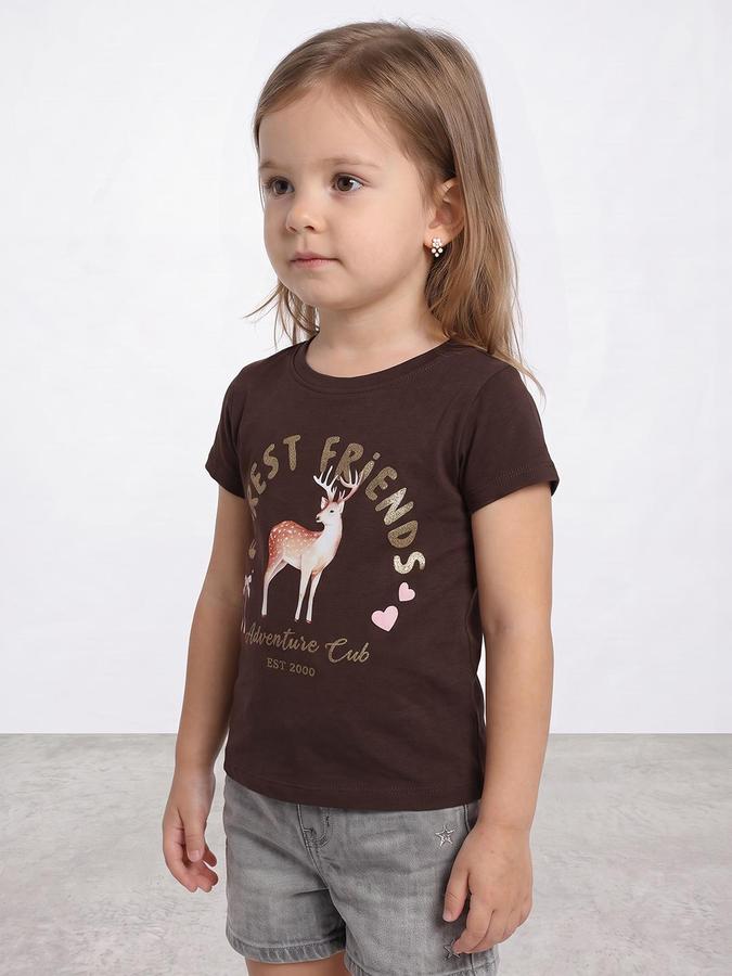 R&B Girls Dark Brown Graphic Print Short Sleeves Round Neck Pure Cotton T-Shirt