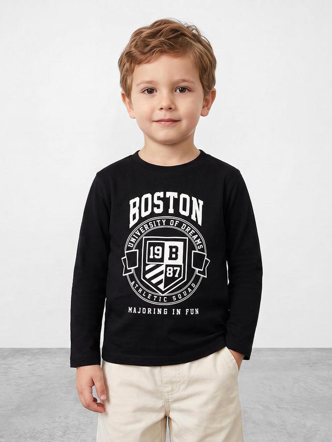 R&B Boys Black Long Sleeves Round Neck Varsity Club Collegiate Graphics Back print Pure Cotton T-Shirt