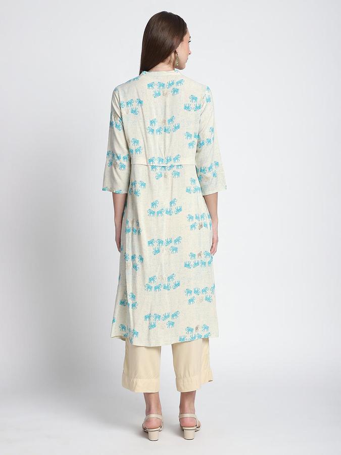 R&B Women Aqua Blue Etnic Motifs Print Mandarin Collar Knee Length Pure Viscose Ethnic Kurta