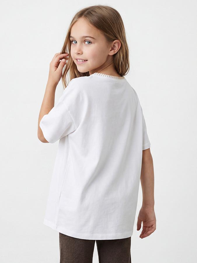 R&B Girls White Regular Fit Tree Embroidered Short Sleeve T-shirt
