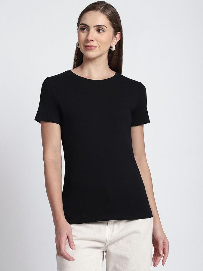 R&B Womens Black Solid Round Neck Short Sleeves T-shirt