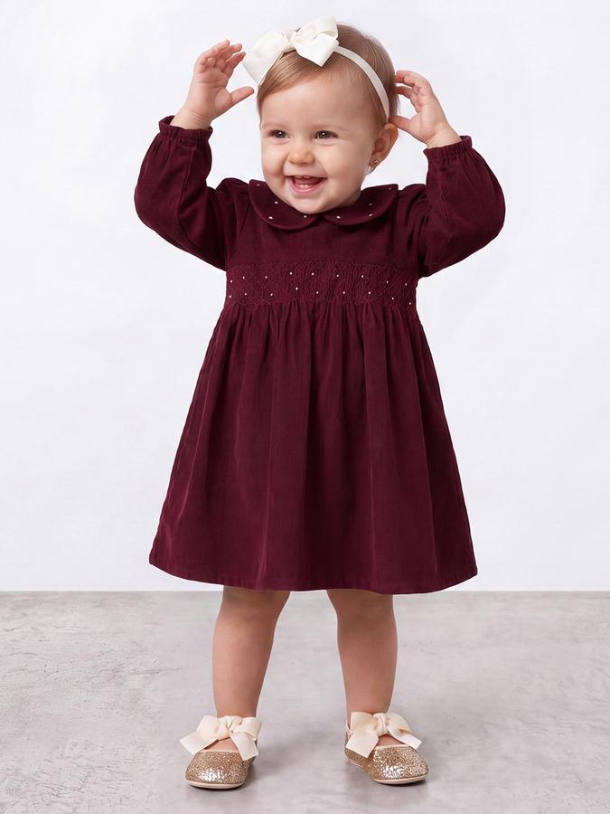 R&B Girls Wine Embellished Peter Pan Collar Bishop Sleeves Empire Waist Dress