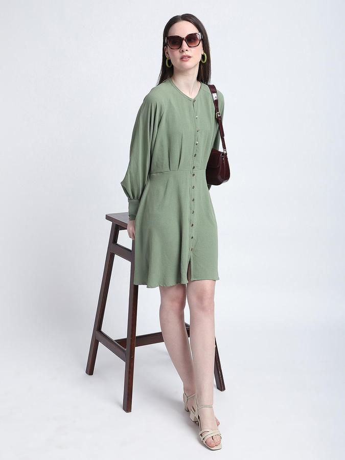 R&B Women Green V Neck Full Cuffed Sleeve Pure Polyster A-Line Mini Dress