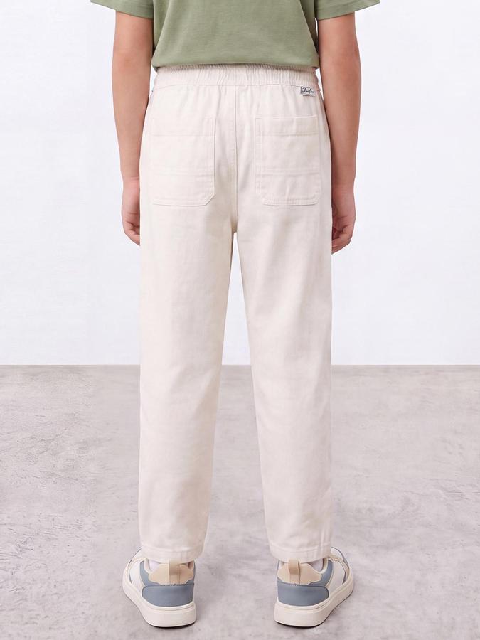R&B Boys Ivory Solid Pure Cotton Trousers with Drawstring Waist