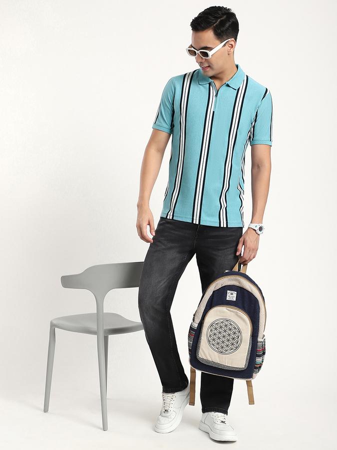 Men Cotton Blend Regular Fit Polo Neck Striped T-shirt