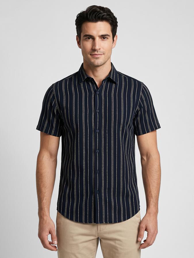 R&B Navy Blue Striped Men Spread Collar Short Sleeves Shirt