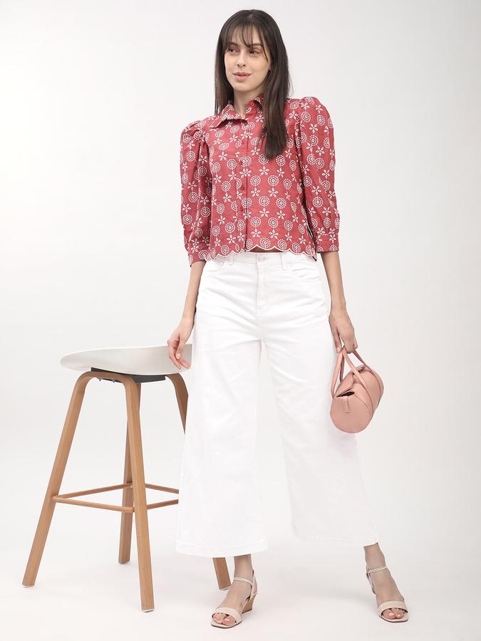 Women's mauve schiffli shirt with gathered sleeves and scalloped hem image number 1