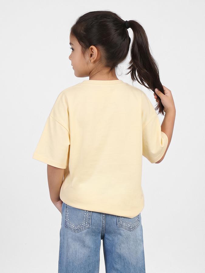 R&B Girls Yellow Regular Fit Stitch Printed Short Sleeve T-shirt