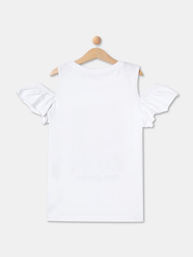 Girls Cotton Regular Fit Crew Neck Cold Shoulder Graphic Top