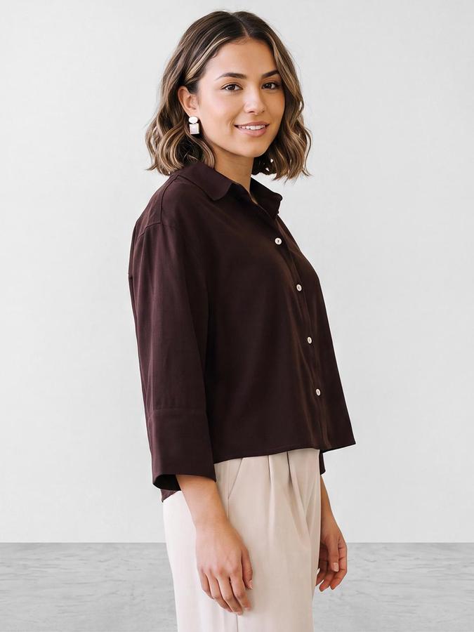 R&B Women Brown Solid Shirt Collar Long Sleeves Shirt Style Top
