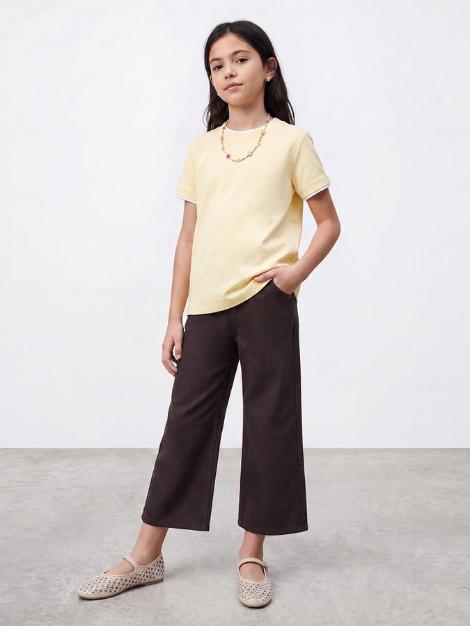 R&B Girls Brown Solid Wide Leg Mid Rise Trousers