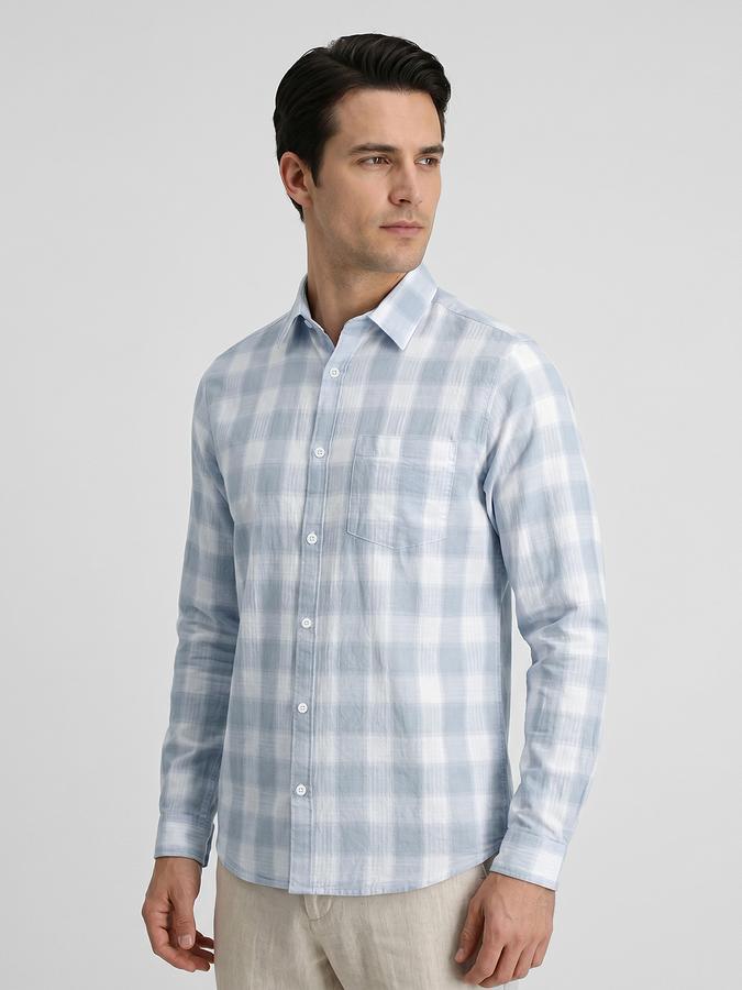 R&B Blue Checked Men Spread Collar Long Sleeves Shirt