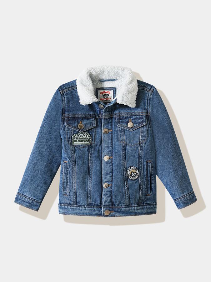 Boys Denim Sherpa Collar Button Front Embroidered Jacket
