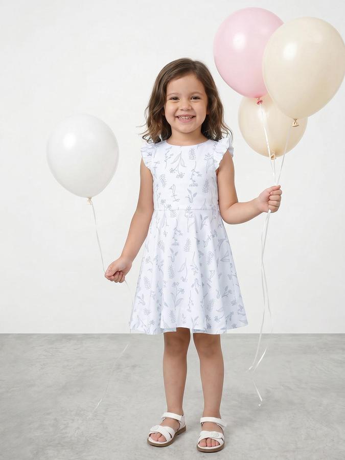 R&B WHITE Cotton Printed Girls Dresses