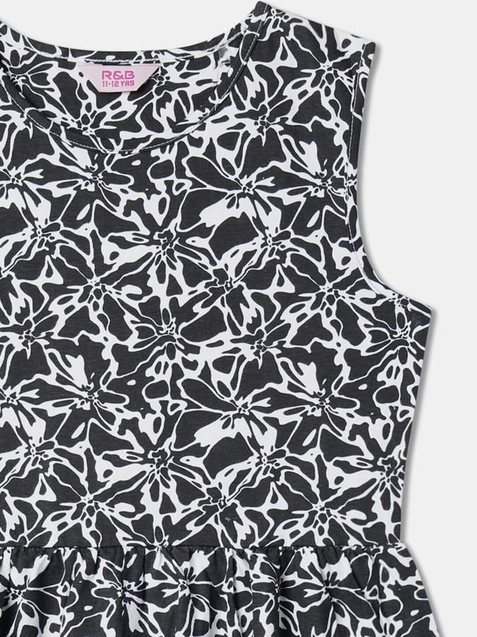 R&B Girls White Floral Sleeveless Round Neck Knee Length A-Line Dress