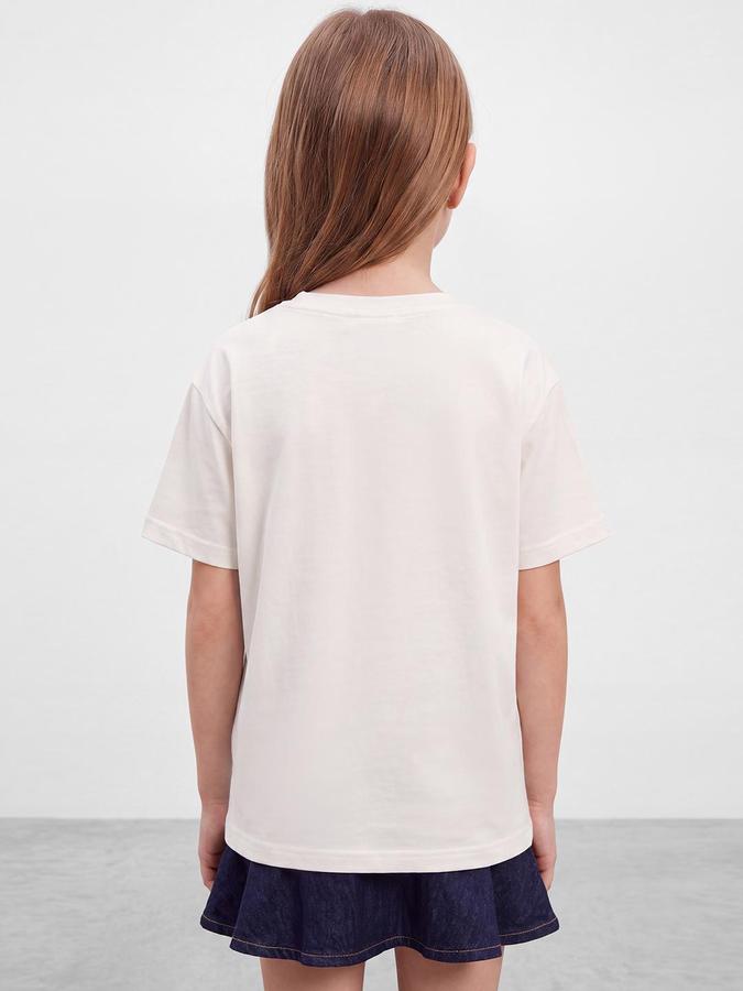 R&B Girls White Bow Print Short Sleeves Round Neck Pure Cotton T-Shirt