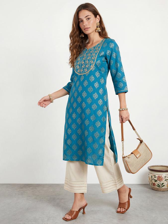 R&B Women's Teal Green Embroidered Viscose Round Neck Kurta