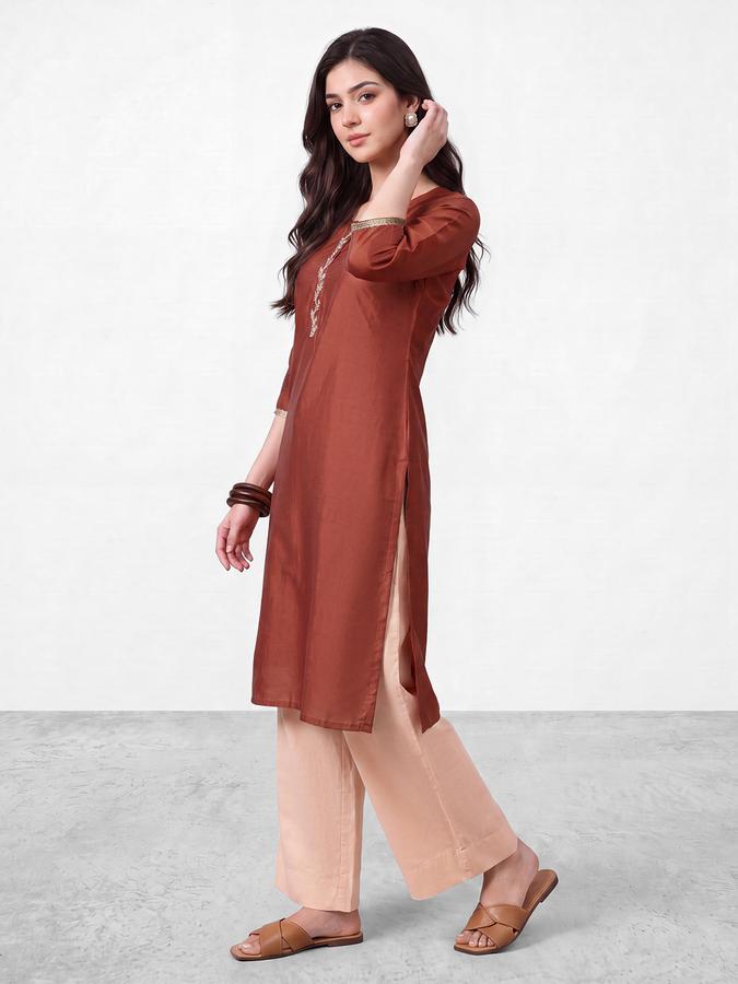 R&B Womens Rust Three-Quarter Sleeves Round Neck Floral Embroidery Straight Kurta