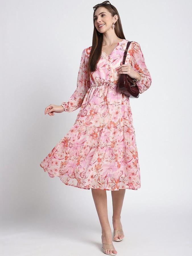 R&B Women Red Floral Long Sleeves V-Neck Midi A-Line Dress