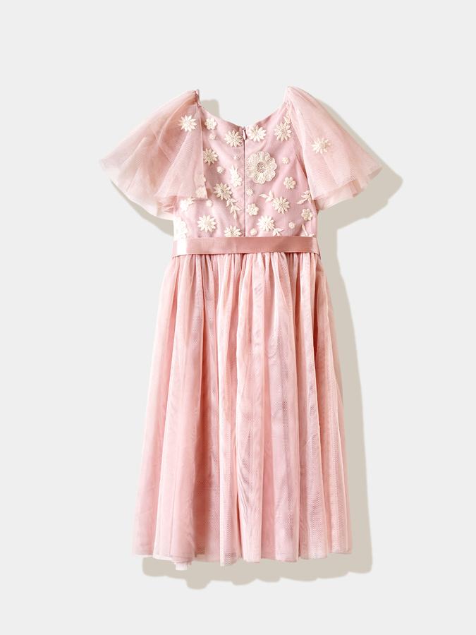 Girls Tulle Fit And Flare Round Neck Ruffled Dress