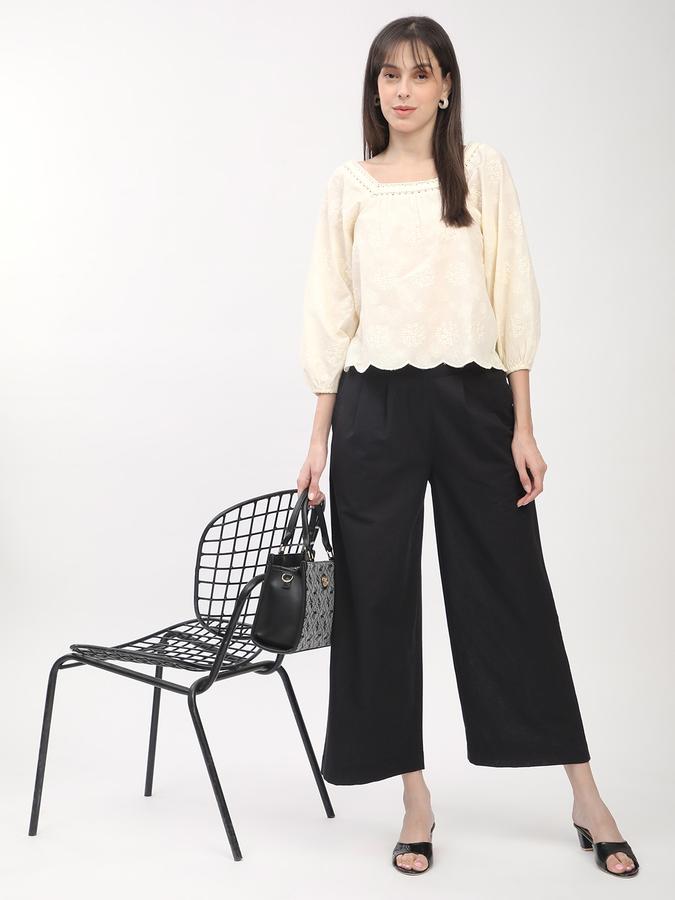 Womens's white schiffli flared tunic with gathered sleeves image number 1