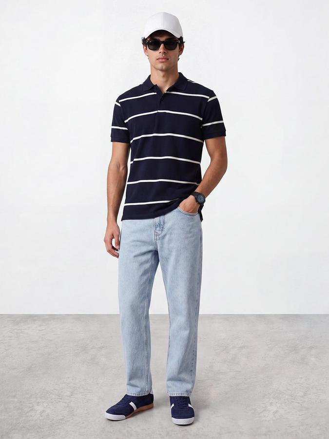 R&B Men Navy Blue Striped Short Sleeves Polo Tshirt