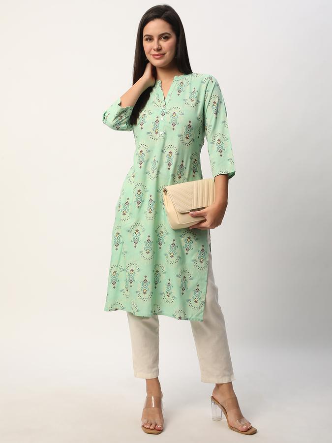 Women Cotton Regular Fit Mandarin Collar Printed Kurta