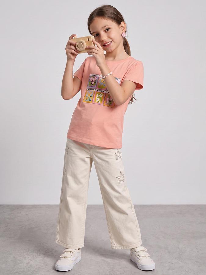 R&B Girls Peach Graphic Print Short Sleeves Round Neck Pure Cotton T-Shirt