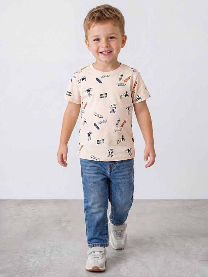 R&B Boys Beige Short Sleeve Round Neck Cute Graphic Print T-Shirt