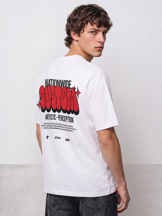 R&B Men White Short Sleeve Round Neck Typography Back Print T-Shirt