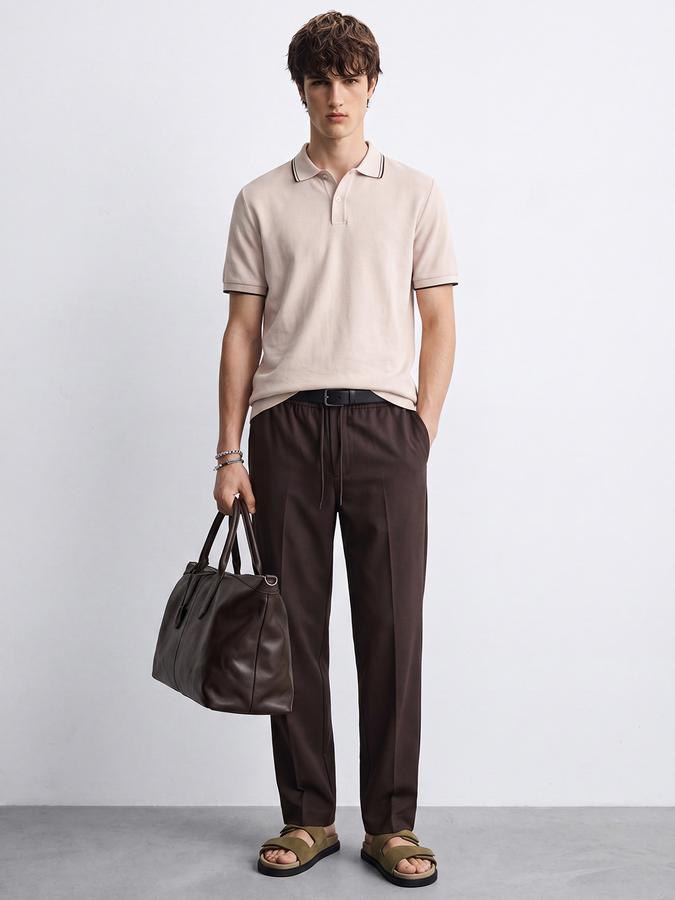 R&B Men Beige Textured Short Sleeves Tipping Polo Collar Tshirt