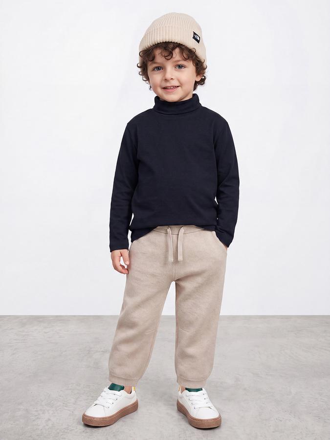 R&B Boys Navy Blue Solid High Neck Long Sleeves Pure Cotton T-shirt